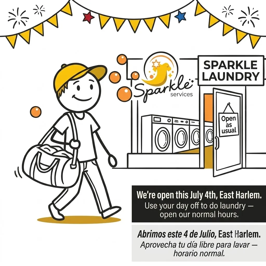 Cartoon illustration of a man carrying a laundry duffel into Sparkle Laundry past large washing machines, festive July 4th bunting overhead, bilingual English and Spanish headline.