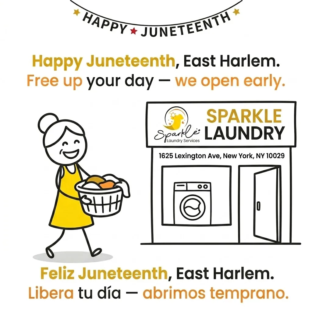 Cartoon illustration of a smiling woman carrying a laundry basket toward the Sparkle Laundry storefront, with a Happy Juneteenth banner, bilingual English and Spanish headline.