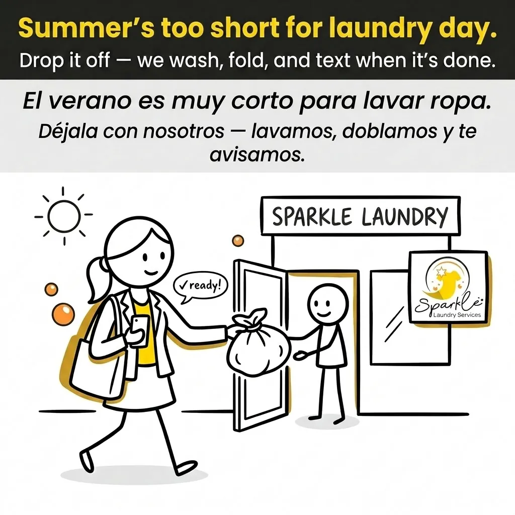Cartoon illustration of a young professional woman handing off a laundry bag at the Sparkle Laundry storefront on a bright summer morning, bilingual English and Spanish headline.